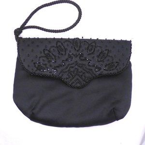 Vintage Kane-m Black Fabric Beaded Evening Bag Purse w/ Braided Strap